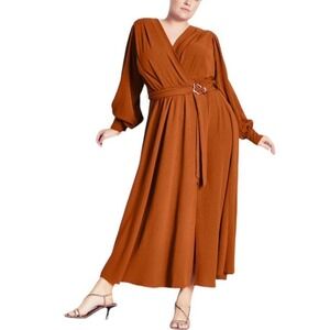 Refinity City Chic Ellie Maxi Dress Size XXL/24 Faux Wrap Brown Long Sleeve Fall